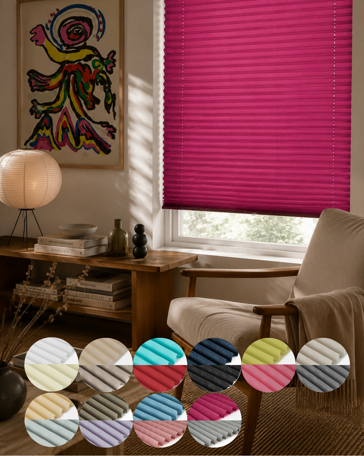 Canary pleated blind fabric in a modern interior